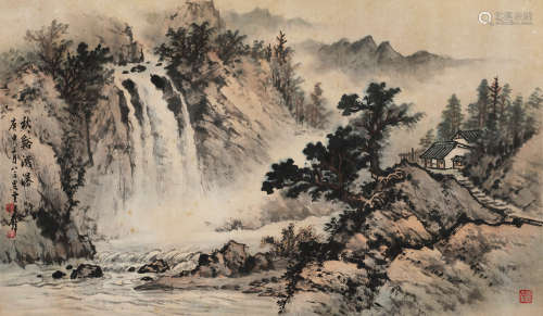 黄君璧 庚申（1980）年作 秋溪溅瀑 镜片 设色纸本