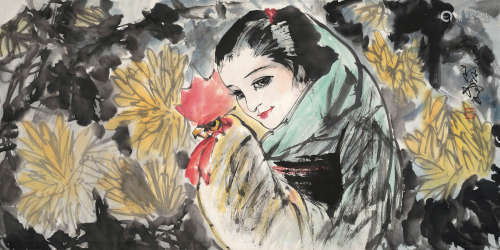 林墉 甲戌（1994）年作 抱鸡少女 镜片 设色纸本
