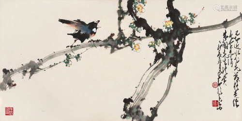 赵少昂 乙卯（1975）年作 梅花小鸟 镜片 设色纸本