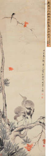 华喦 丁巳（1737）年作 枫飘禽讶图 镜片 设色纸本