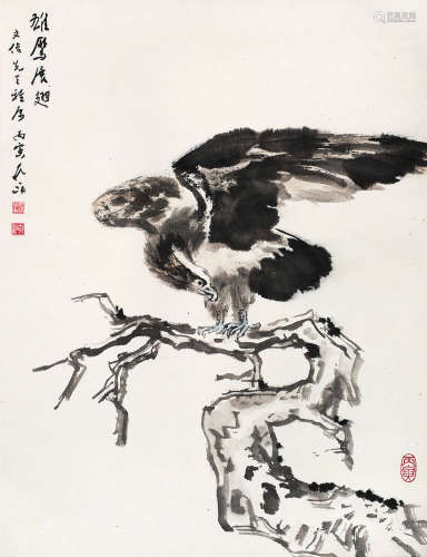 王学仲 丙寅（1986）年作 雄鹰展翅 立轴 设色纸本