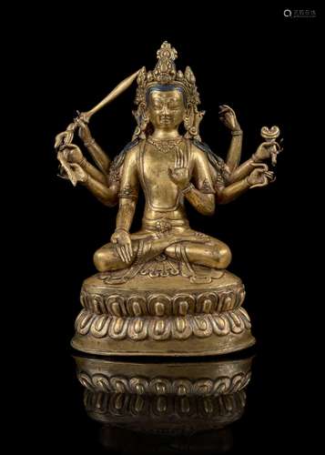 STATUE DE MANJUSRI AVEC HUIT BRAS EN BRONZE DORÉ, Tibet, XIX...