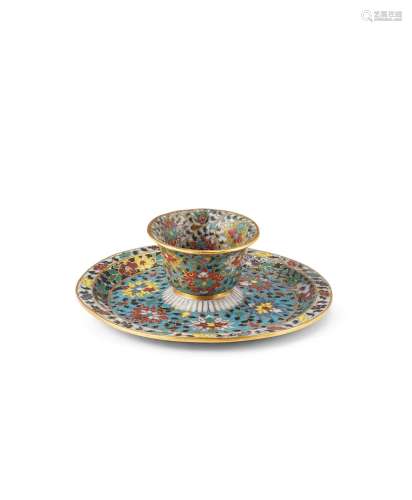 A rare cloisonné enamel and gilt-bronze cup and cup-sta...