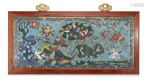 A very rare cloisonné enamel 'lotus and crane' panel