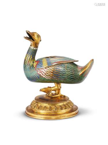 A rare cloisonné enamel and gilt-bronze duck-shaped inc...