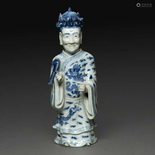 STATUETTE en porcelaine bleu blanc dite "de Hué", ...