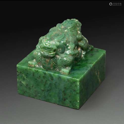 IMPORTANT SCEAU en jade néphrite épinard tâcheté de brun-noi...
