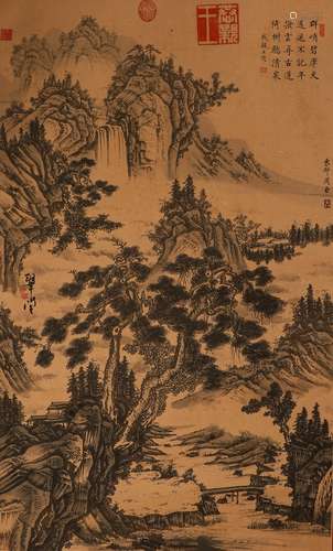 Chinese ink painting Zhou Chen silk landscape painting axis