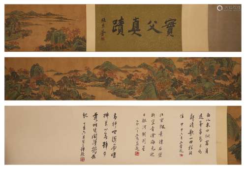Chinese ink painting Qiu Ying's silk scroll of green landsca...