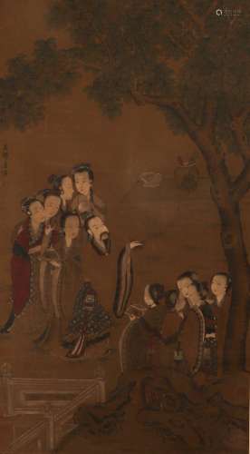Chinese ink painting Tang Yin's silk figure story scroll