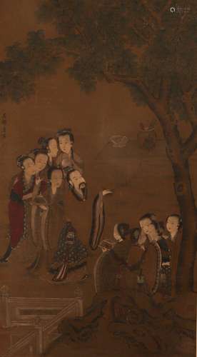 Chinese ink painting Tang Yin's silk figure story scroll