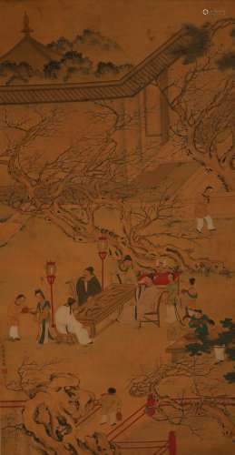 Chinese ink painting Qiu Ying silk landscape figure story sc...