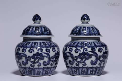 Pair of Chinese Blue and White Porcelain Lid Jar