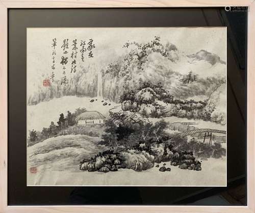 Chinese ink Color Landscape Painting w Calligraphy