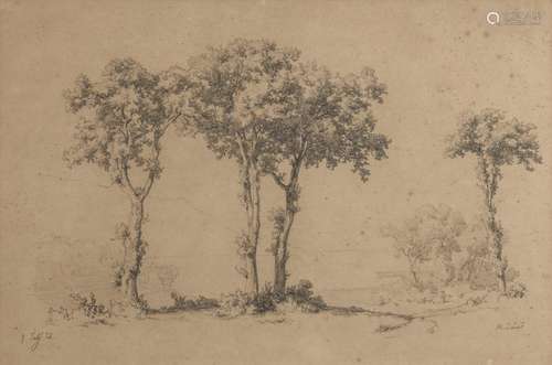 Robert Zünd (1826-1909) - Trois arbres, mine de plomb, signé...