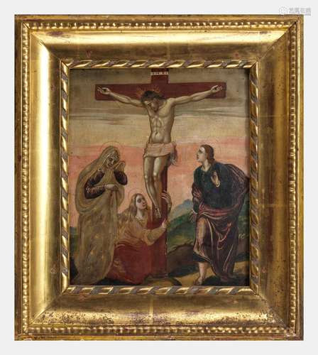 Ecole XIXe s - Crucifixion, huile sur panneau, 30x25 cm