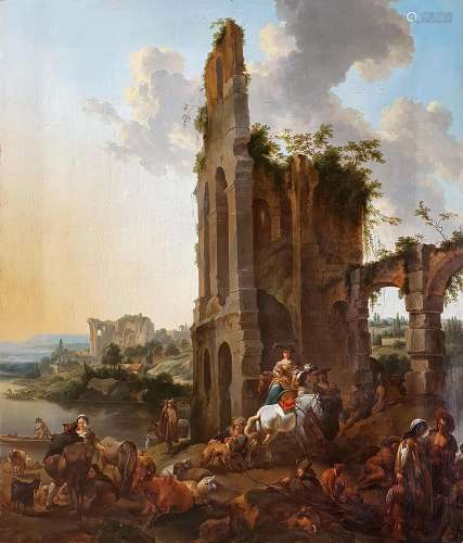 NICOLAES BERCHEM (1620-1683) Marché animalier devant une rui...