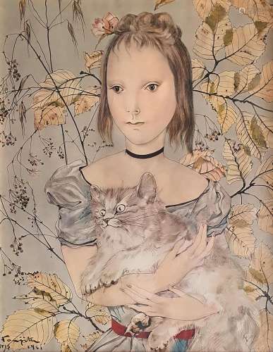 TSUGOUHARU FOUJITA (1886-1968) Jeune fille au chat, 1951