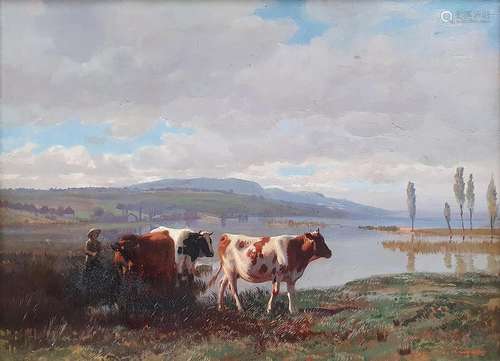 ALBERT LUGARDON (1827-1909) Paysanne et son troupeau de vach...