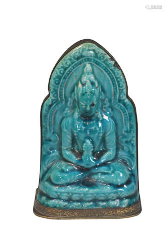 十八世纪孔雀蓝釉观音瓷雕