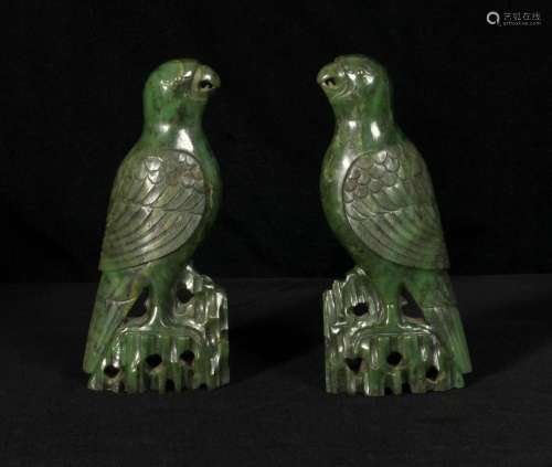 Pair of Chinese Spinach Jade Parrot Carvings, 19th