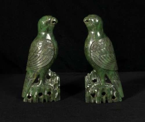 Pair of Chinese Spinach Jade Parrot Carvings, 19th