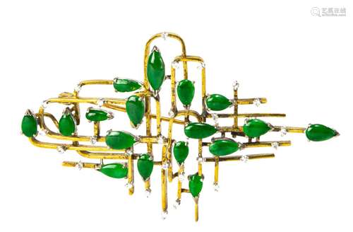 Chinese 14K Jadeite Brooch with Small Diamonds