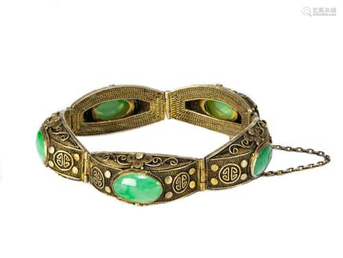Chinese Gilt Silver Bracelet With Jadeite Insets