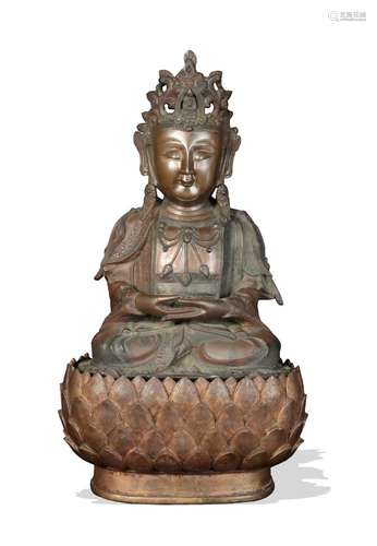 Chinese Bronze Guanyin with Wood Stand, Ming Dynasty