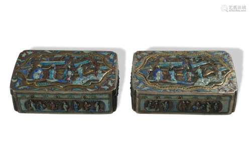 Pair of Chinese Silver Enameled Lidded Boxes, 19th