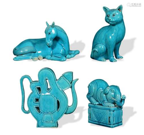 4 Chinese Blue Glazed Porcelain Statues, Republic