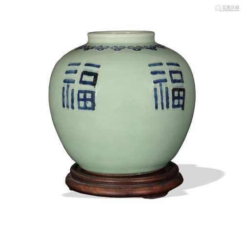 Chinese Celadon Ground Blue and White Jar, Qianlong