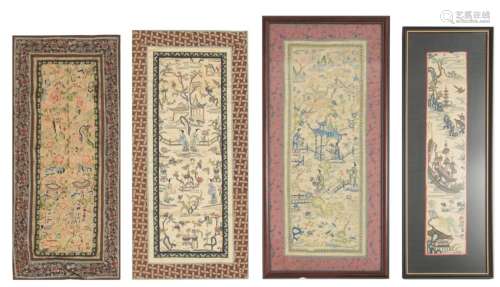 Group of 4 Chinese Silk Embroideries, 19th Century