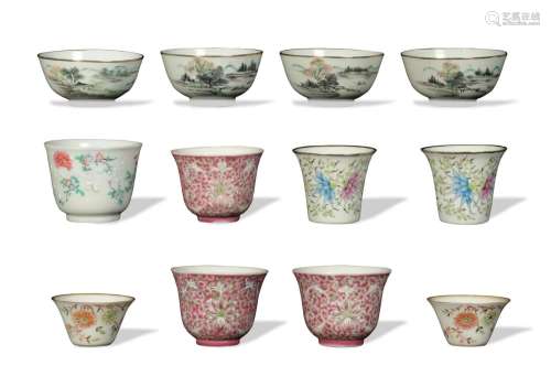12 Chinese Famille Rose Cups and Bowls, 19-20th Century