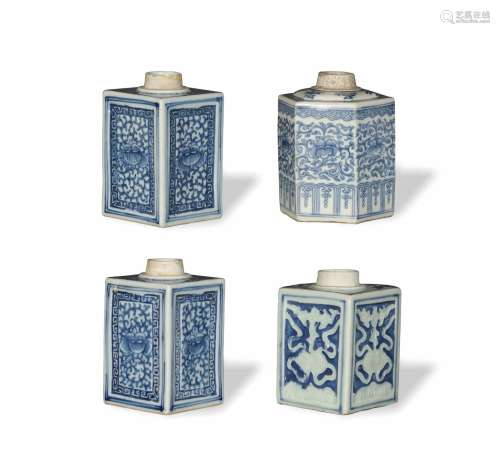 4 Chinese Blue and White Tea Caddies, 18/19th Century