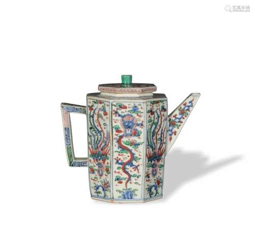 Chinese Blue and White Wucai Teapot, Late 19th Century