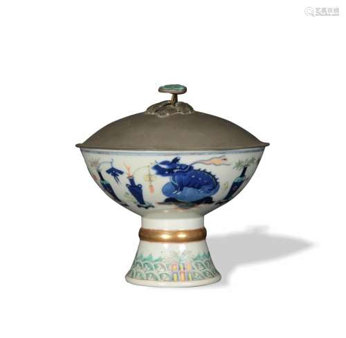 Chinese Blue and White Enameled Stem Cup, Late 19th