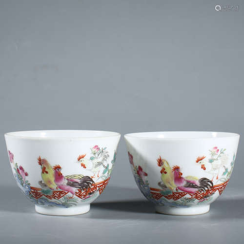 A Pair of Famille Rose Rooster Cups