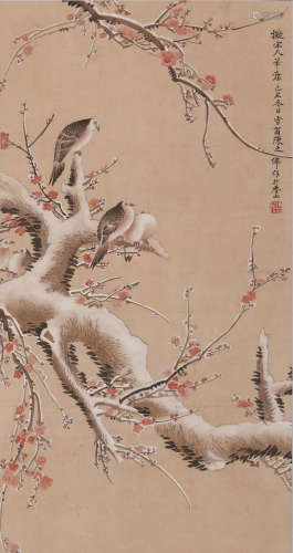 A Chinese Flower and Bird Painting Paper Scroll, C