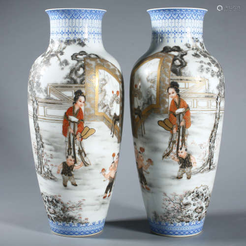 A Pair of Falangcai Glaze Figure Vases