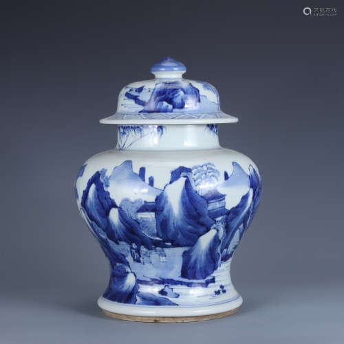 A Blue and White Landscape Ginger Jar and Cover