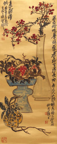 A Chinese Flower Painting Foil-Paper Scroll, Wu Ch
