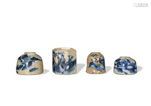 4 Chinese Ge Glazed Blue and White Water Coupes, 19th