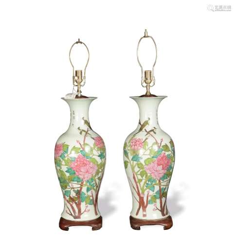 Pair of Chinese Famille Rose Vase Lamps, Republic