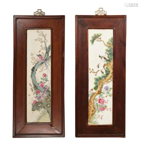 Pair of Chinese Framed Famille Rose Plaques, Republic