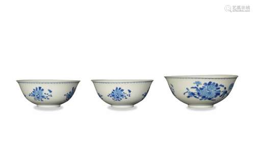 Group of 3 Blue and White Bowls, Guangxu
