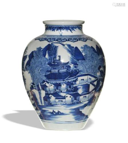 Chinese Blue and White Landscape Jar, Late 18th Century