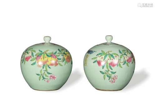 Pair of Celadon Famille Rose Lidded Jars, 19th Century