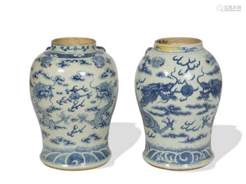 2 Chinese Blue and White Dragon General Jars, Early