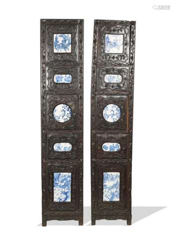 Pair of Chinese Wood Panels with Porcelain, 19th